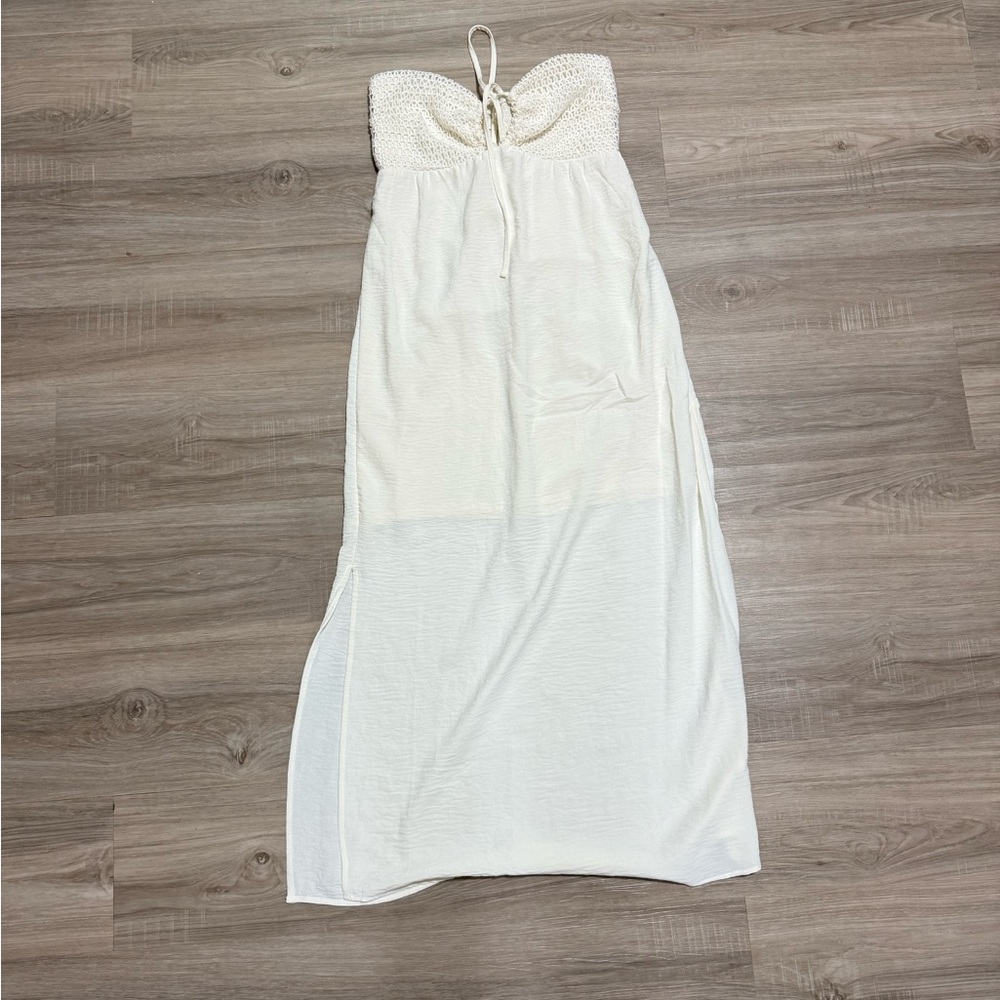 No Boundaries White Smocked Strapless Midi Dress Size M